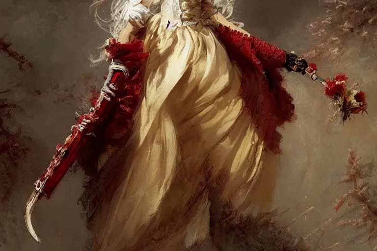 Image similar to a vampire with long light white hair and a red scarf, windy, ribbons, melancholic, modern maximalist harlequin fashion dress, is ( ( holding a golden sword ) ). light dust, magnificent, hyperdetailed, theatrical, painted by jean honore fragonard and greg rutkowski