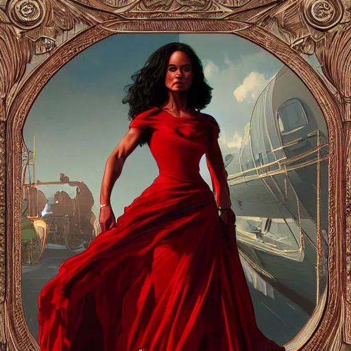 Prompt: full figure ultra realistic illustration, thandie newton wearing a maiden red dress, black wavy hair, old west, intricate, elegant, highly detailed, digital painting, artstation, concept art, smooth, sharp focus, illustration, art by artgerm and greg rutkowski and alphonse mucha