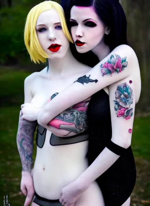 Image similar to a full body shot of two beautiful pale skin cosplay girls hugging each other in close proximity, light gray eyes, photo, bokeh, sharp focus, big red lips, black hair, feet posing, goth style, fully tattooed body, fishnet clothes, beautiful detailed face, masterpiece, photo by magali villeneuve