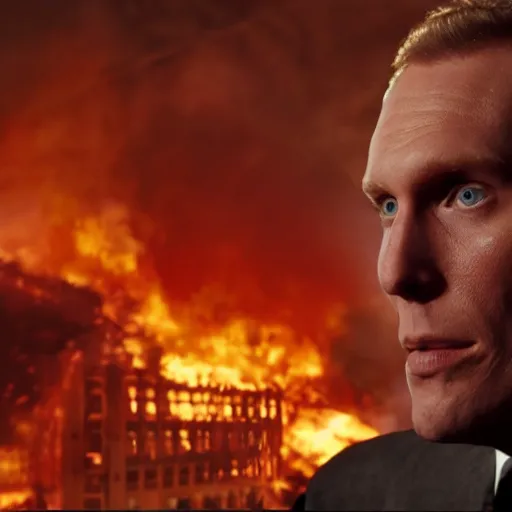 Image similar to Live Action Still of Jerma in The Towering Inferno, real life, hyperrealistic, ultra realistic, realistic, highly detailed, epic, HD quality, 8k resolution, body and headshot, film still