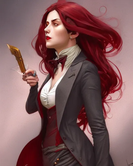 Image similar to female vampire, gold waistcoat, red shirt, grey hair, red necktie, cinematic, stunning, highly detailed, digital painting, artstation, smooth, hard focus, full body shot, illustration, art by artgerm and greg rutkowski and alphonse mucha