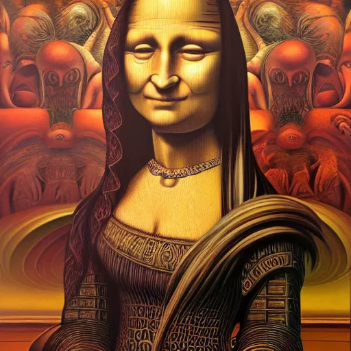 Image similar to monalisa by jacek yerka, alex gray, zdzisław beksiński, dariusz zawadzki, jeffrey smith and h.r. giger, oil on canvas, 8k highly professionally detailed, trending on artstation