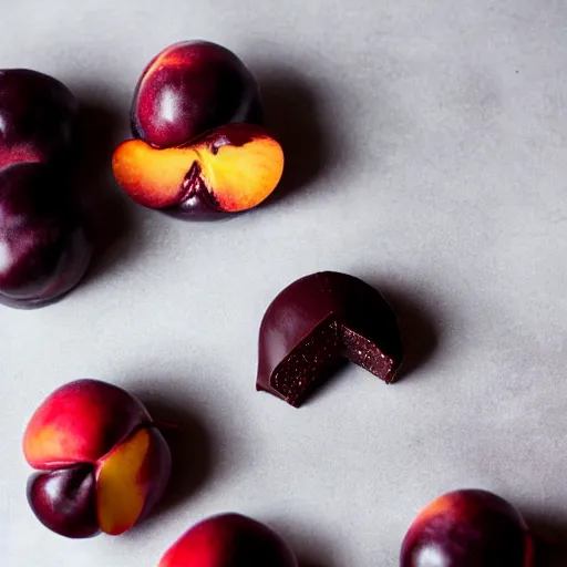 Prompt: beautiful pastry photography cherry black chocolate peach brutalism in a plate, 80mm lens