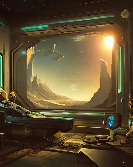 Image similar to gaming room in 2 0 4 0, scifi, futuristic, virtual reality, simulation, technology, egyptian style, computer, large window, evening, illuminated, highly detailed, artstation, by eutimio garcia