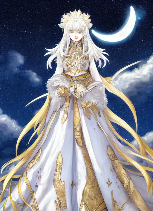 Image similar to commissioned full body portrait of a female anthro wolf princess fursona with white hair wearing a white and gold Japanese armored dress in a white and gold palace on a starry night with a large crescent moon, by a professional manga illustrator, Stanley Artgerm Lau, WLOP, Rossdraws, James Jean, Andrei Riabovitchev, Marc Simonetti, and Sakimichan, trending on artstation