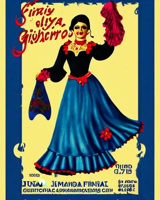 Image similar to an advertising poster of a flamenco gipsy marin doll, retro style of andalusian fair poster