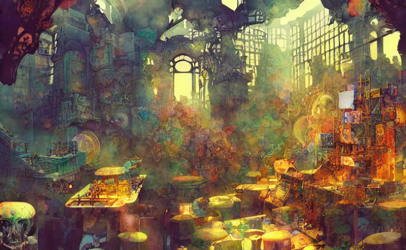 Prompt: alchemy laboratory, fantasy. intricate, amazing composition, colorful watercolor, by ruan jia, by maxfield parrish, by marc simonetti, by hikari shimoda, by robert hubert, by zhang kechun, illustration, gloomy