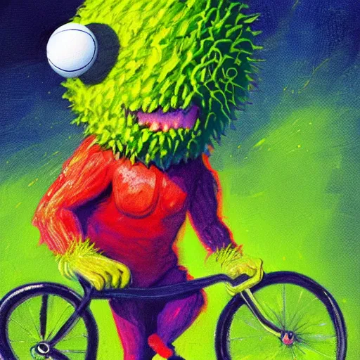 Prompt: a tennis ball monster, tennis ball, dark, chalky, riding a bike, digital art, fantasy, magic, trending on artstation, ultra detailed, professional illustration by Basil Gogos