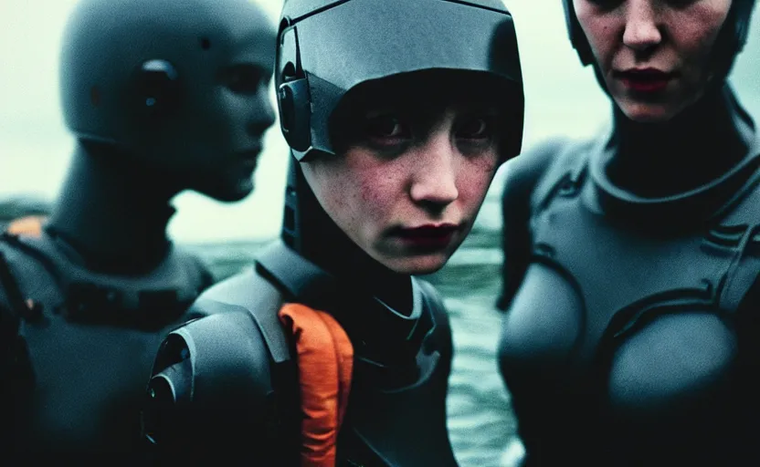 Prompt: cinestill 5 0 d candid photographic portrait by helen levitt of two loving female androids wearing rugged black mesh techwear in treacherous waters, extreme closeup, modern cyberpunk moody emotional cinematic, hurricane, 8 k, hd, high resolution, 3 5 mm, f / 3 2, ultra realistic faces, ex machina