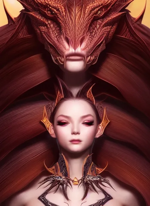 Prompt: portrait of dragon madien model, intricate, sharp focus, octane render, ffxi, realistic render, detailed, beautiful, unreal engine, symmetrical!!, maybelline, sephora, loreal, artstation, art by artgerm, rossdraws, art by karol bak, makeup by pat mcgrath, cinematic, concept art, filmic, vsco