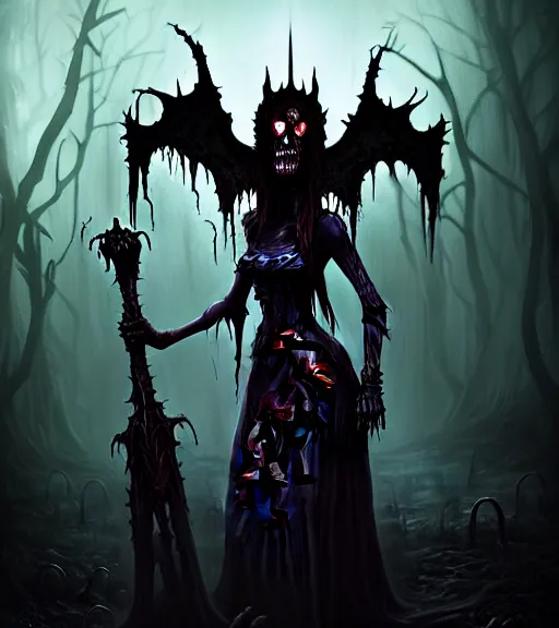 Image similar to gothic necrolord female with zombie servents, digital painting, liminal eerie midnight backlit, a picture taken by Michael Komarck and Daniel Ljunggren