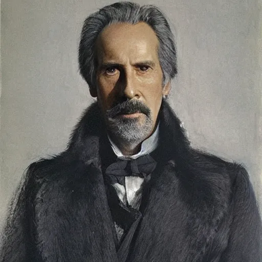 Prompt: fifty years old Christopher Lee mixed with Jonathan Hyde as a ((stark)) 19th century, eastern european hunter (with gray goatee). detailed, soft focus, interesting lights, realistic style, shadows, higher contrasts, afternoon lights, hyperdetailed, oil canvas, character concept art by Henry Meynell Rheam and Monet