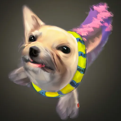 Image similar to digital painting depicting a flying cute planedog