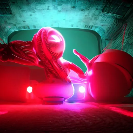 Prompt: aliens inside of a haunted space ship experimenting on humans with giant cats filled with a neon red alien substance, volumetric lighting, ultra detailed