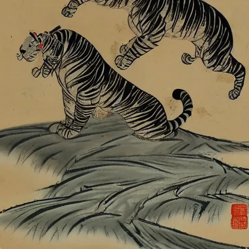 Image similar to a mighty tiger jumping over a wooden log that is above splashing water, Chinese Art