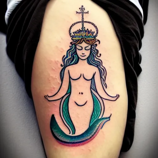 Prompt: a peaceful meditative mermaid wearing a crown, full body, highly detailed new school tattoo design