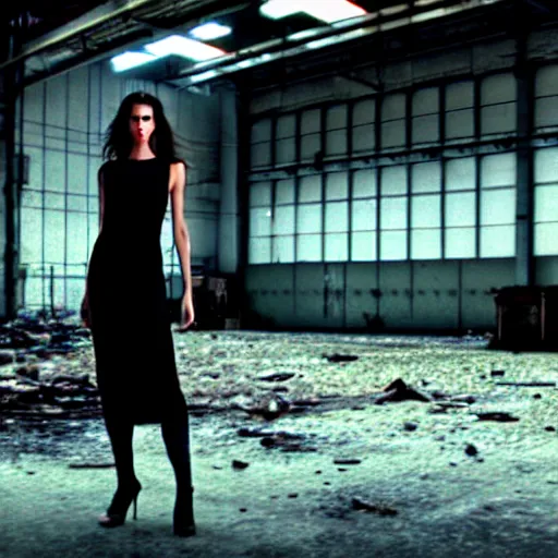 Image similar to runaway beautiful supermodel replicant standing in a dirty abandoned factory, still from closed circuit tv footage, high angle