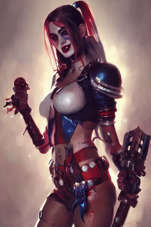 Image similar to portrait of Harley Quinn in bikini armor, dc comics, cyberpunk, Warhammer 40000, dark fantasy, digital art from artstation by Ruan Jia and Mandy Jurgens and Artgerm and william-adolphe bouguereau