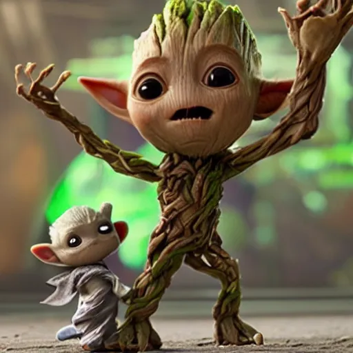 Prompt: baby groot and baby yoda having fun playing games, highly detailed