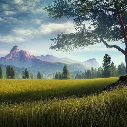 Prompt: magical landscape with a meadow in the foreground, a forest in the background and a mountain on the horizon, realistic, detailed, cinematic light, art by unreal engine 5 art