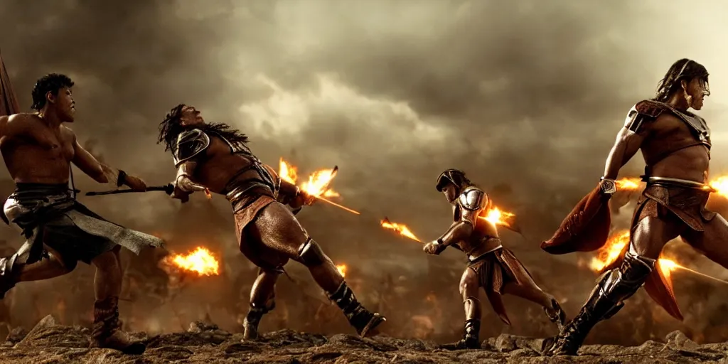 Image similar to epic battle screen of hero, film still from the movie'3 0 0'( 2 0 0 6 ), 3 d, 8 k realistic, cryengine, playstion 5 screen, cinematic lighting