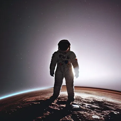 Image similar to dark photograph of an astronaut, lit from bottom, full body photo,, 8 k