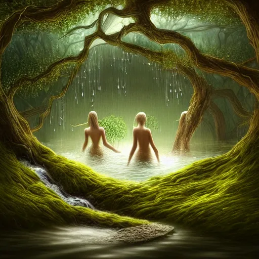 Image similar to beautiful digital fantasy illustration of A woody green field with a stream running through it, with a group of dryad women standing in the water. They seem to be preparing to submerge themselves in the cool, clear waters of the stream. a creepy creature standing in front of a mirror!, cgsociety, fantasy art, highly detailed, soft lighting, rendered in octane, masterpiece, very very very aesthetic