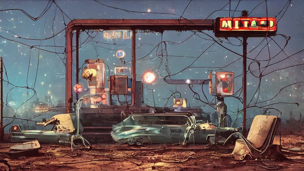 Prompt: A 1960s robot! on couch in front of a rusted! gas station. The stars! of the Milky Way shine above a broken neon sign, ground is cracked with vines fantasy concept art by Greg Rutkowski