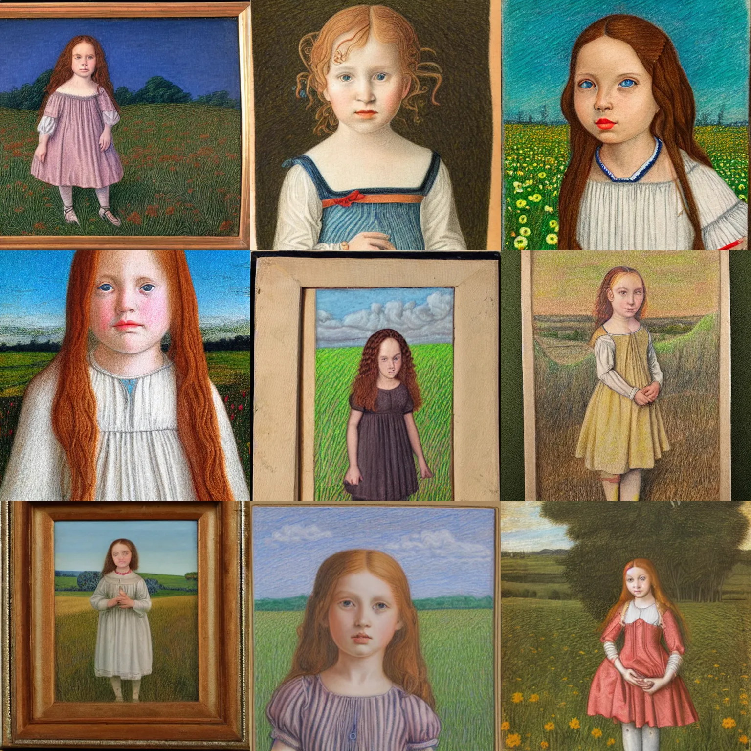 Prompt: 1 5 0 0 s portrait colored pencil drawing of curious girl standing in field looking at camera.