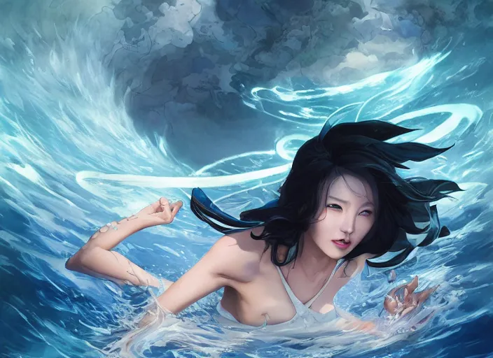 Prompt: seductive lee jin - eun running on water at super speed, emerging from multiversal galactic portal, splashes of lightning behind her, zooming past a small island, by ilya kuvshinov and peter mohrbacher and ruan jia, and m. k. kaluta, rule of thirds, coherent symmetry, close up, majestic, beautiful eyes