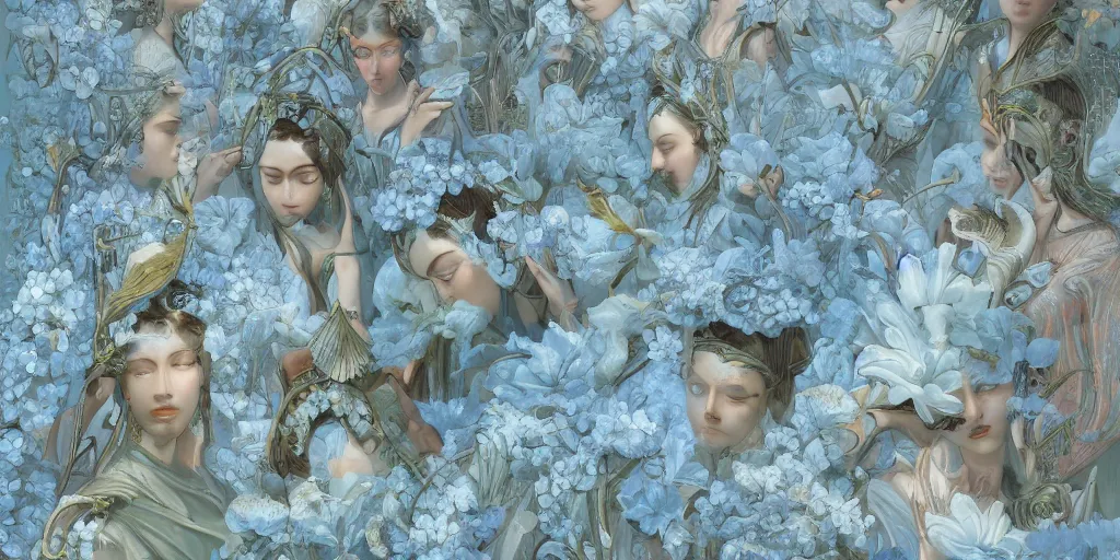 Image similar to breathtaking detailed concept art painting art deco pattern of faces goddesses amalmation light - blue flowers with anxious piercing eyes and blend of flowers and birds, by hsiao - ron cheng and john james audubon, bizarre compositions, exquisite detail, extremely moody lighting, 8 k