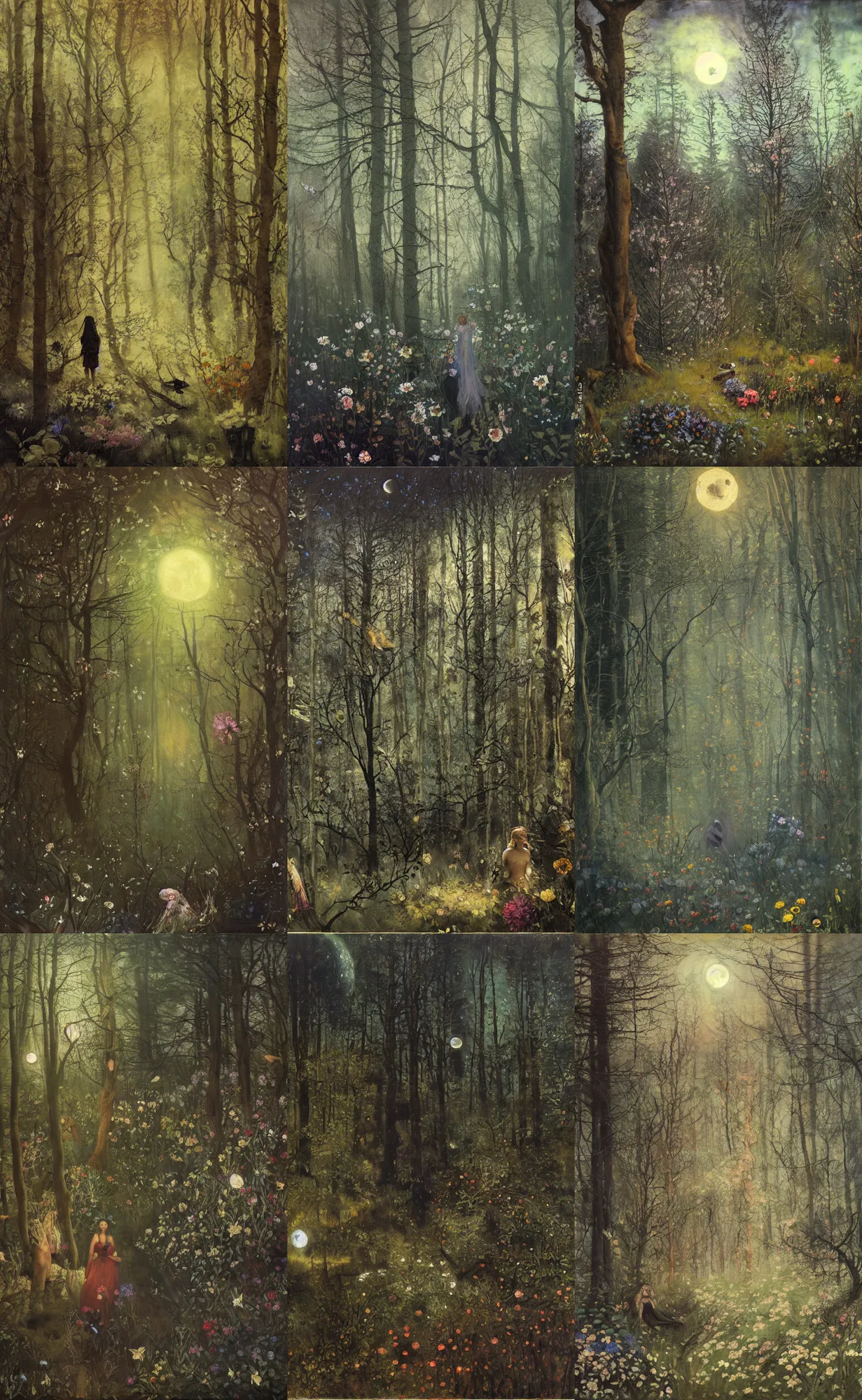 Prompt: painterly dreamy dark forest with trees, flowers, birds, barely seen women, liana, thistle and midnight sky with moon and stars by Mikhail Vrubel, Alexei Savrasov, Aron Wiesenfeld, dark fantasy, witcher, very detailed oil painting in the alla prima style, masterpiece, 8k
