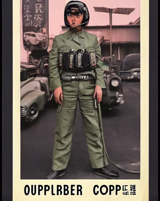 Prompt: Photos of a Kerberos Panzer Cop, hyperreal, Atmospheric, 1950s Japan, full Color, Science Fiction