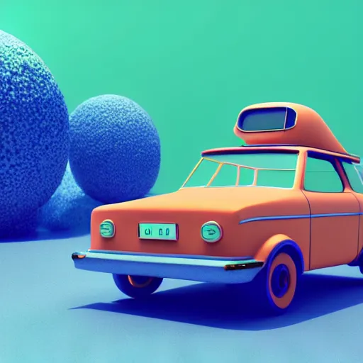 Prompt: A 3d render of 🚙🛰✂️🔝, digital art, octane render, 8k resolution, character design, wes anderson color palette, film grain, unreal engine