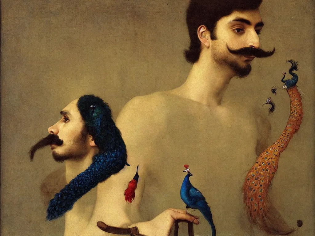 Prompt: Portrait of a young beautiful Persian Iranian prince with mustache and a peacock on his head by Michael Sowa