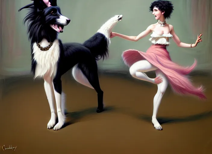 Image similar to wide shot painting of a male anthropomorphic border collie fursona dancing with a cute female anthropomorphic sheep fursona in a ballroom, beautiful, intricate, elegant, realistic proportions, highly detailed, scenic background, trending on artstation, art by charlie bowater and henry asencio and and ross tran