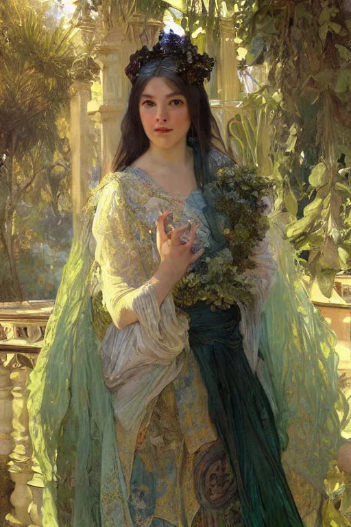 Image similar to hyperrealist portrait of a girl emperorit is decorated with long robes that fall like stars, an ostentatious palace and garden are seen in the background. by jeremy mann and alphonse mucha, fantasy art, photo realistic, dynamic lighting, artstation, poster, volumetric lighting, very detailed faces, 4 k, award winning