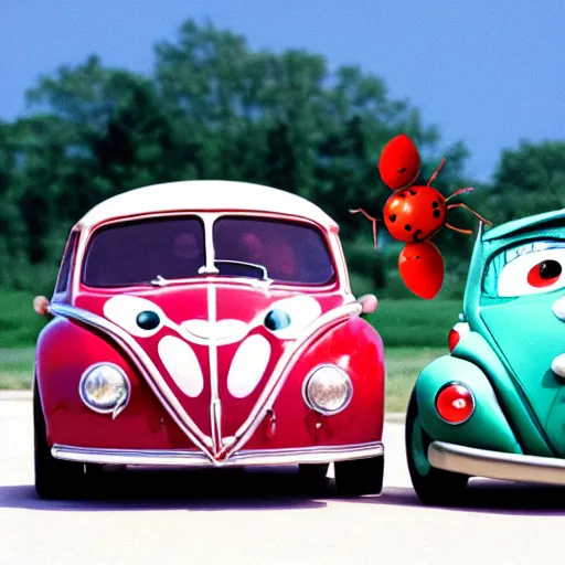 Image similar to a hybrid lady bug and'herbie the love bug'car, imax, 7 0 mm, movie still