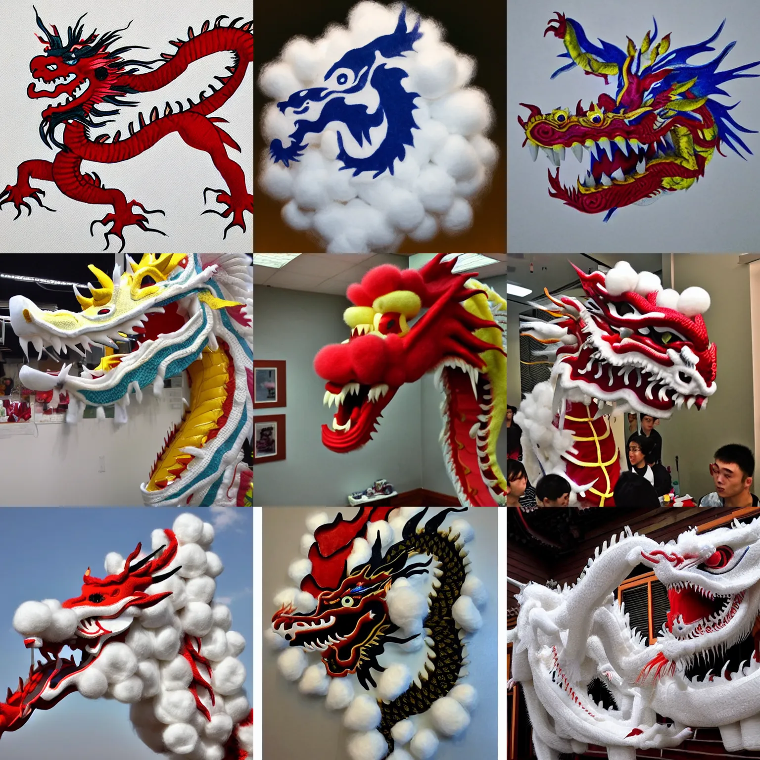 Prompt: A photo of a chinese dragon made out of cotton balls
