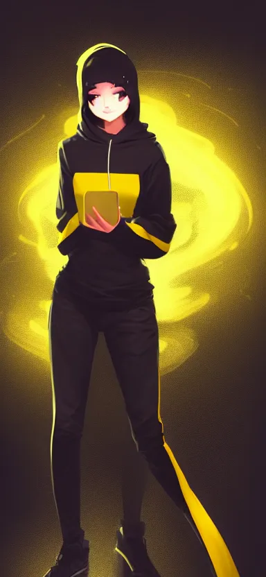 Prompt: a vtuber model concept art of a beautiful girl in a black and yellow hoodie typing in an iphone, full body art, artstation, digital art, smiling face, commission art, style by jordan grimmer and greg rutkowski, 4 k resolution