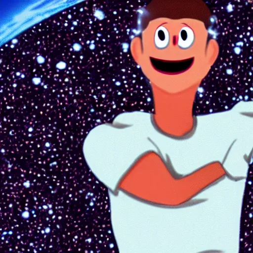 Image similar to a male cartoon teen lost in space with an evil grin and injuries wearing white shirt and short hair near a black hole