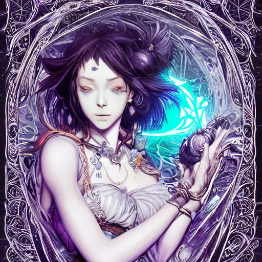 Image similar to the portrait of chaotic good female druid alchemist as absurdly beautiful, gorgeous, elegant, gravure idol, an ultrafine hyperdetailed illustration by kim jung gi, irakli nadar, intricate linework, sharp focus, bright colors, octopath traveler, final fantasy, unreal engine 5 highly rendered, global illumination, radiant light, detailed and intricate environment