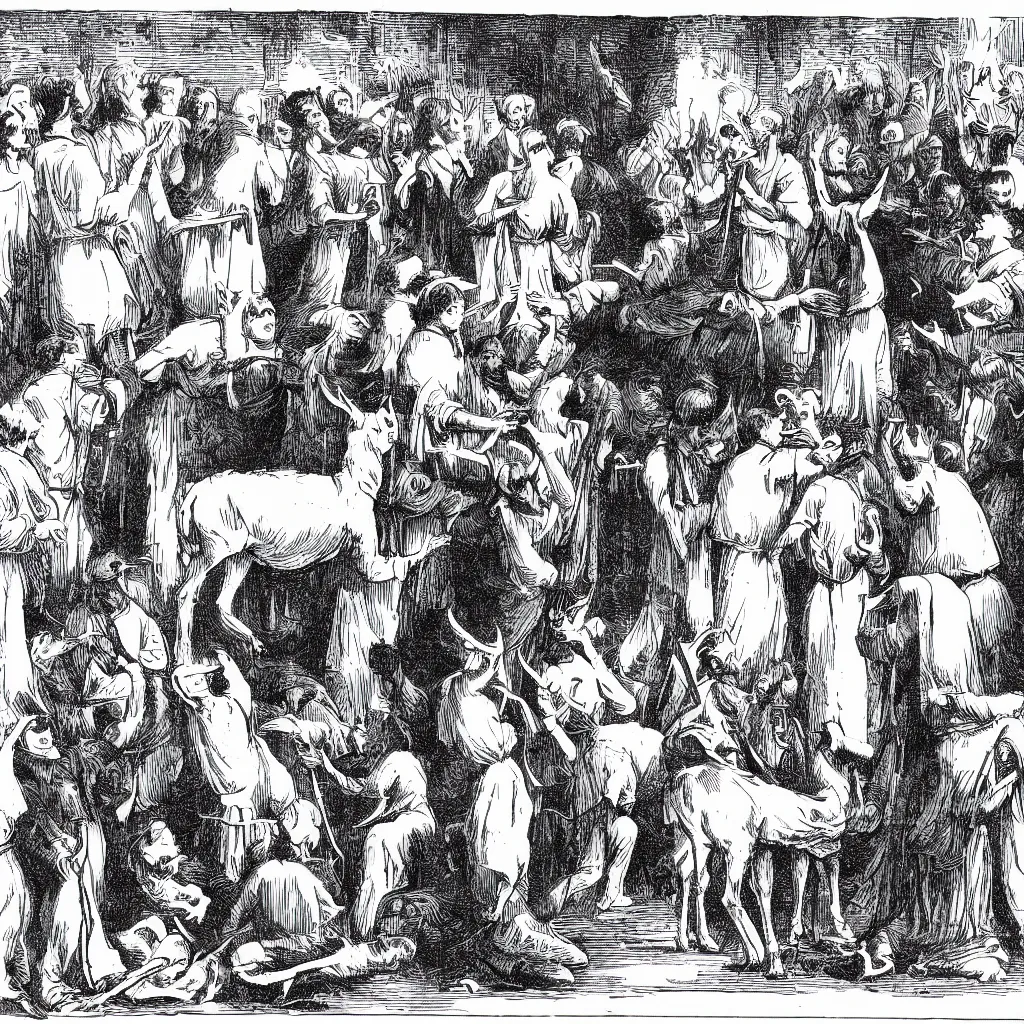 Image similar to black and white book illustration from 1 8 9 5 on yellowing paper. the illustration depicts medieval musicians worshipping a deer