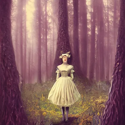 Prompt: Alice in Wonderland, Alice, victorian dress, Alice staring into the distance, surreal forest, painted by seb mckinnon, high detail, digital art, trending on artstation