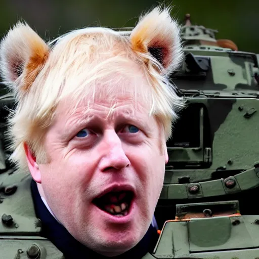 Image similar to Medium shot photograph of Boris Johnson inside a tiger tank, 4k, ultra HD