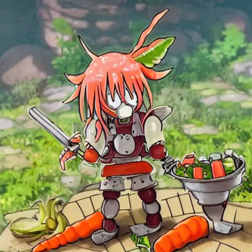 Prompt: robot made of vegetables, tomato head and a carrot sword, made in abyss style