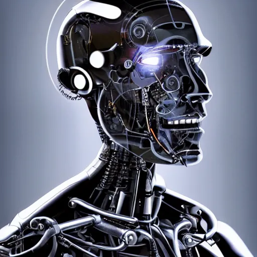 Image similar to a cyborg robot designed by tesla, hyper realistic, detailed portrait,