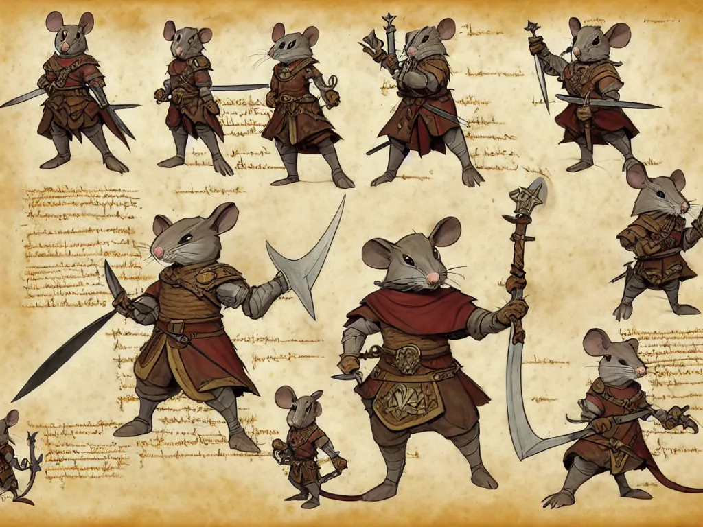 Image similar to character design sheet for a heroic mouse knight with sword and shield on a parchment background, redwall, greg rutowski and jean baptiste monge, very very detailed, epic fantasy concept art