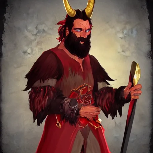 Image similar to dnd render of a man, red, a big black beard, golden eyes, 2 curved horns, one broken horn,