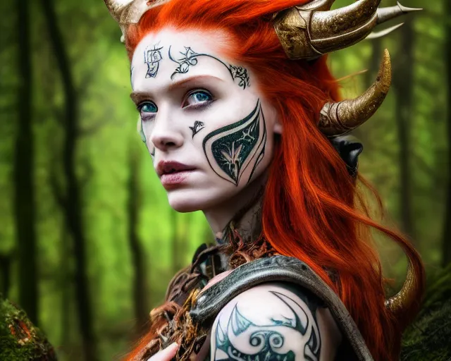 Prompt: 5 5 mm portrait photo of an armored gorgeous anesthetic redhead woman warrior with a face tattoo and horns growing from her head, in a magical forest. by luis royo and stephan kostic. highly detailed 8 k. intricate. lifelike. soft light. nikon d 8 5 0. cinematic post - processing